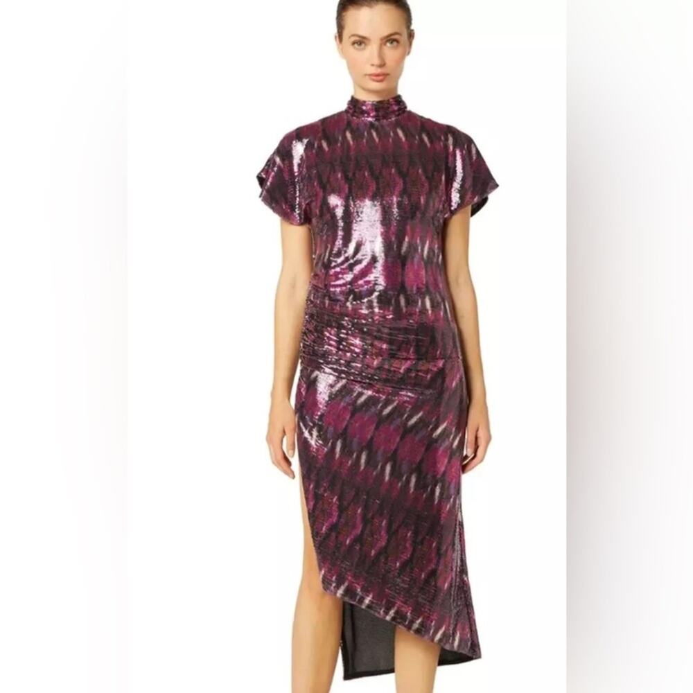 Misa Los Angeles Divia Dress Women Medium Purple Ikat Sequin NWT Side Slit Mock